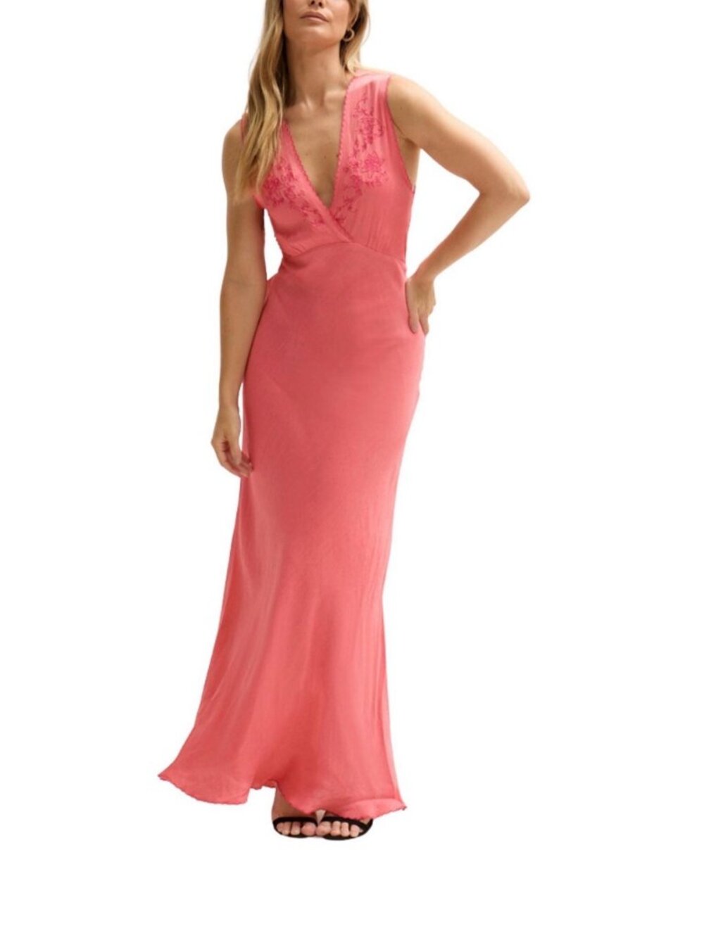NWT Lily and Lionel Pandora Embroidered Bias Cut Maxi Dress Coral UK 12 US 8